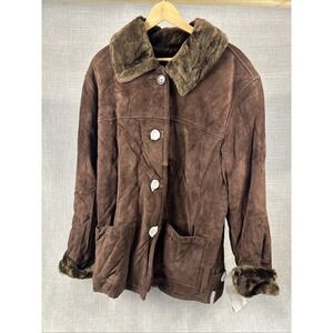 Dennis Basso Leather Coat Faux Fur Trim Dark Brown Button Down Women's – Read